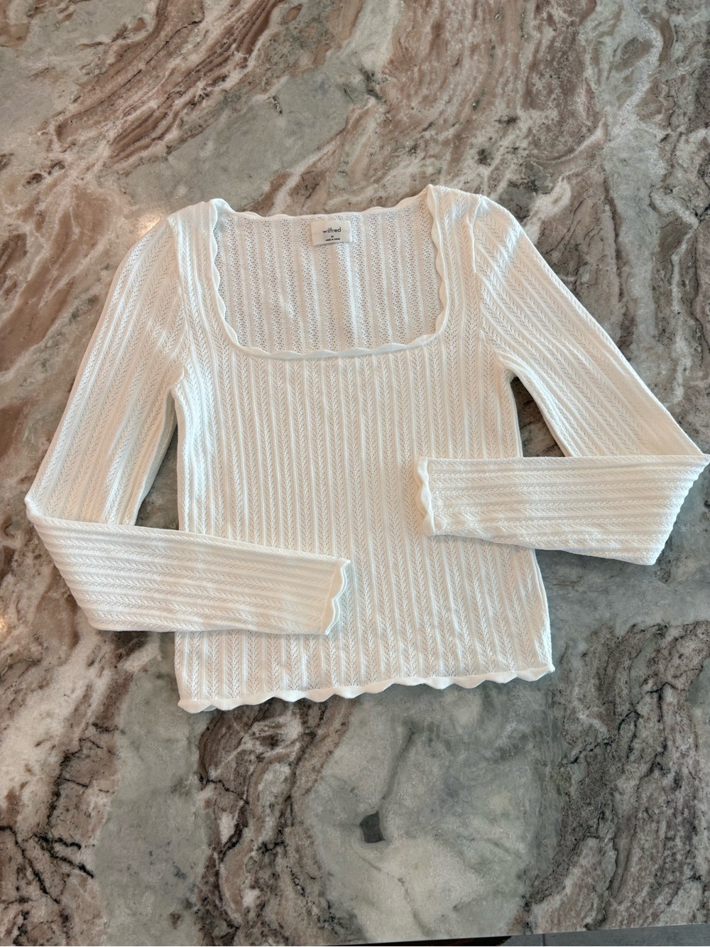 Artizia Wilfred White Long Sleeve Lace Sweater Tight Fit Romantic Pointelle Knit